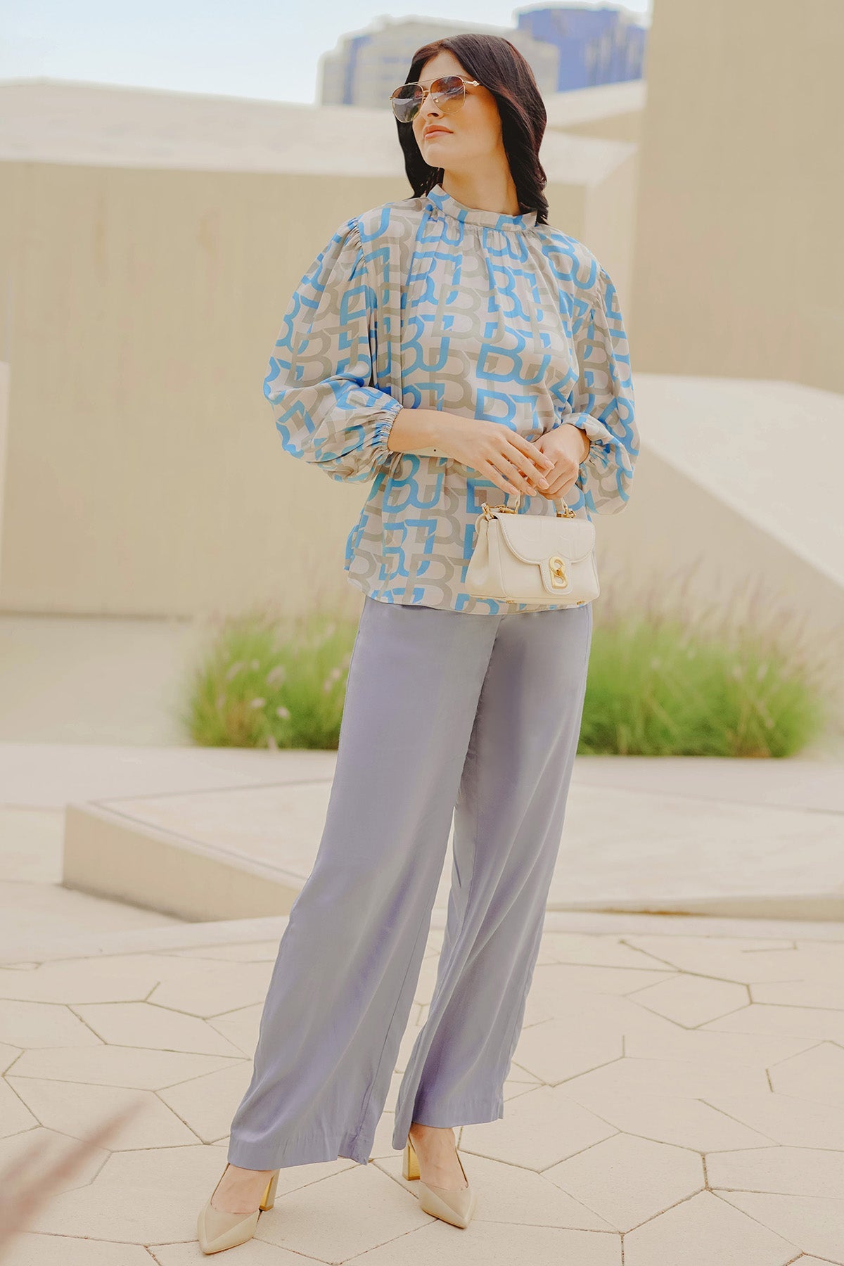 Monogram Gathered Blouse - Blue