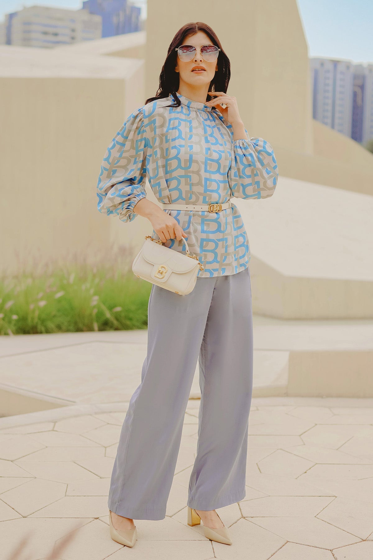 Monogram Gathered Blouse - Blue