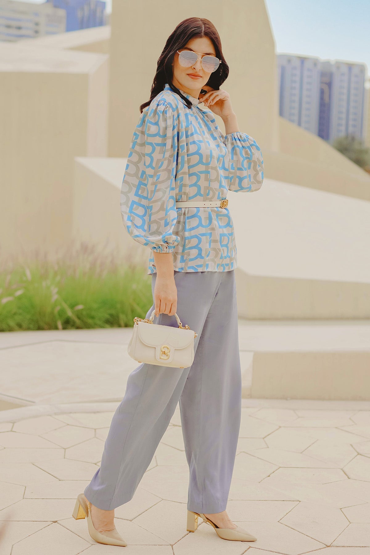 Monogram Gathered Blouse - Blue