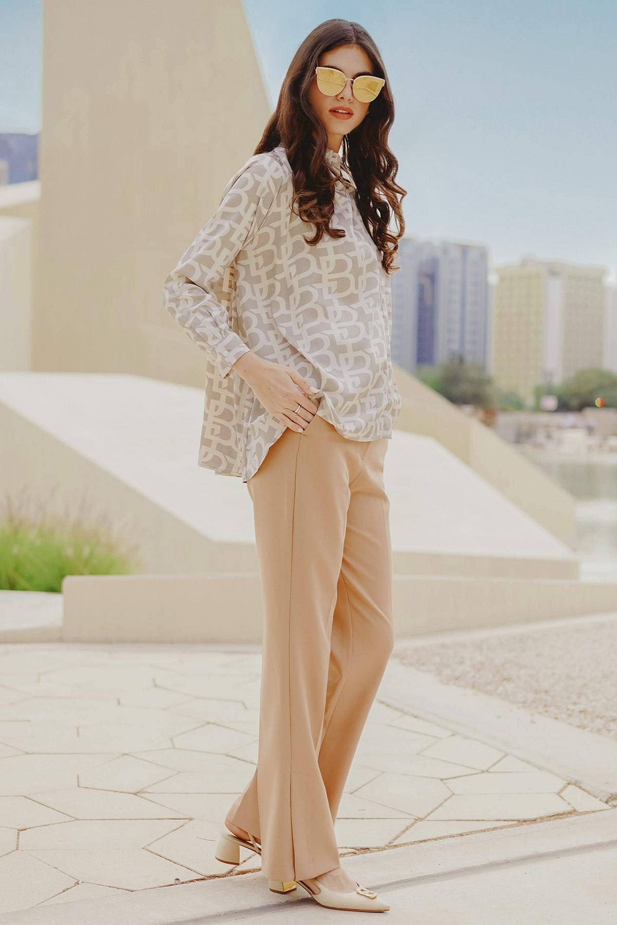 Monogram Pleated Shirt - Beige