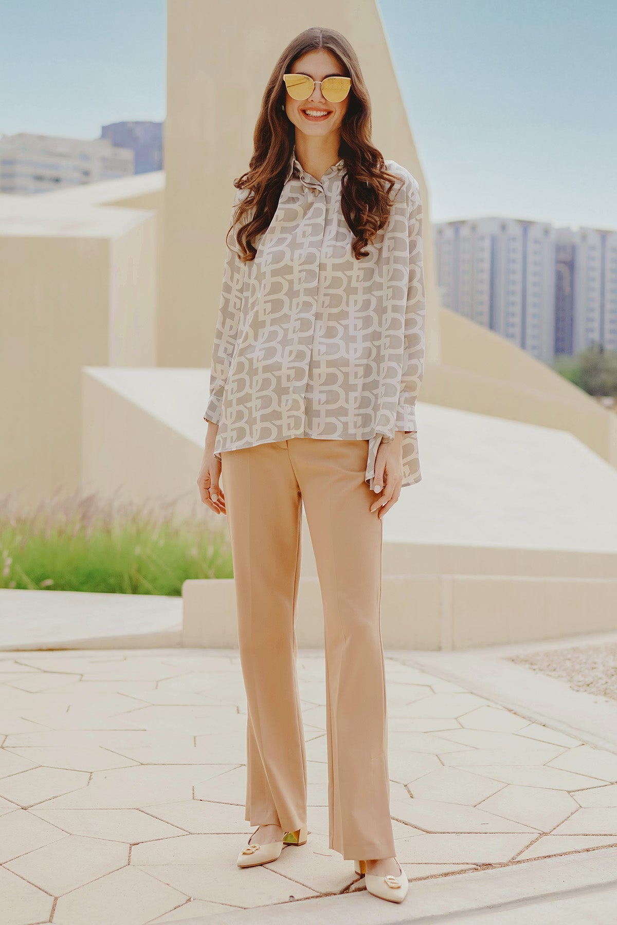 Monogram Pleated Shirt - Beige