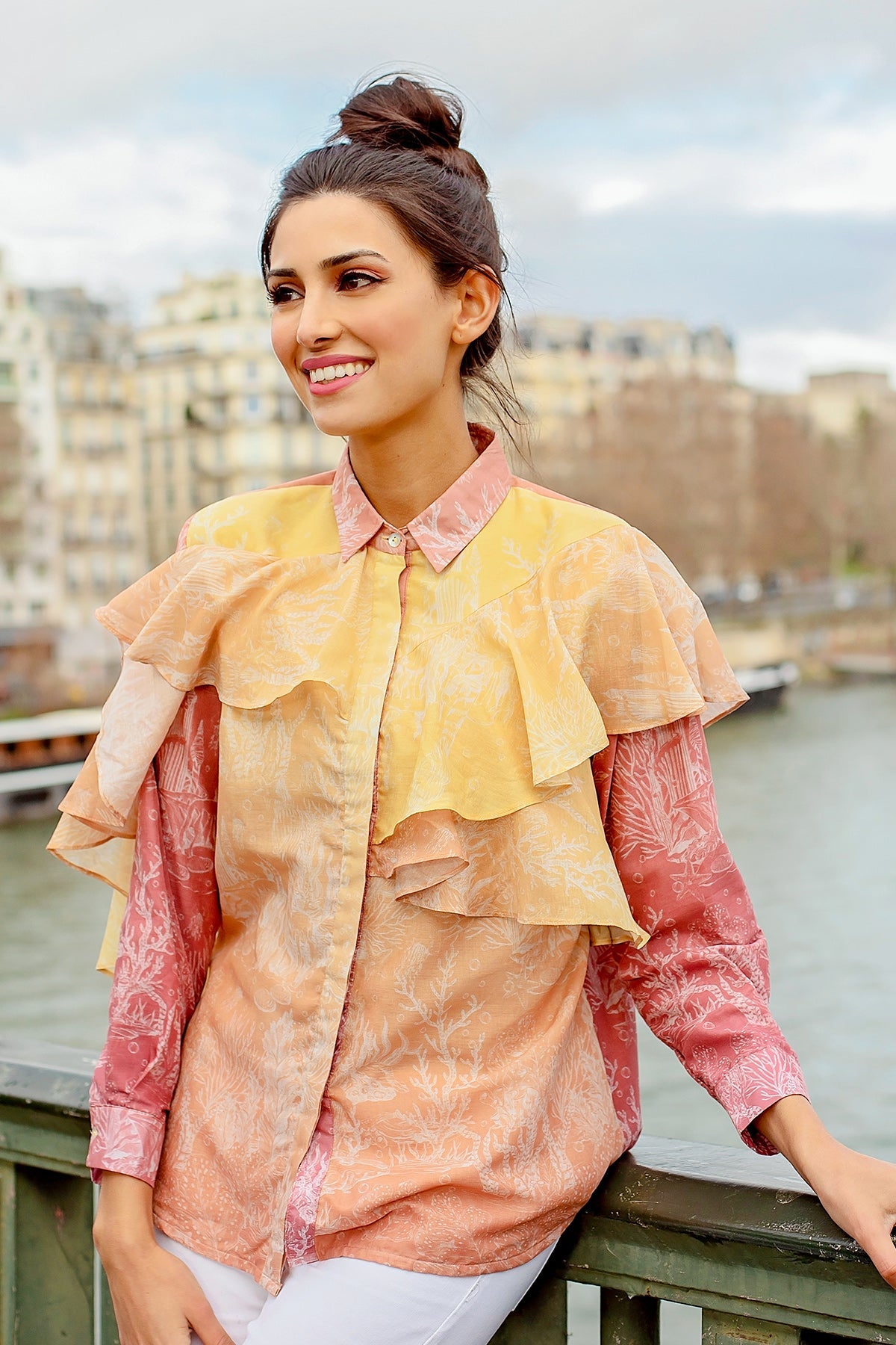 El Mar Minorca Shirt with Ruffle - Yellow/Pink