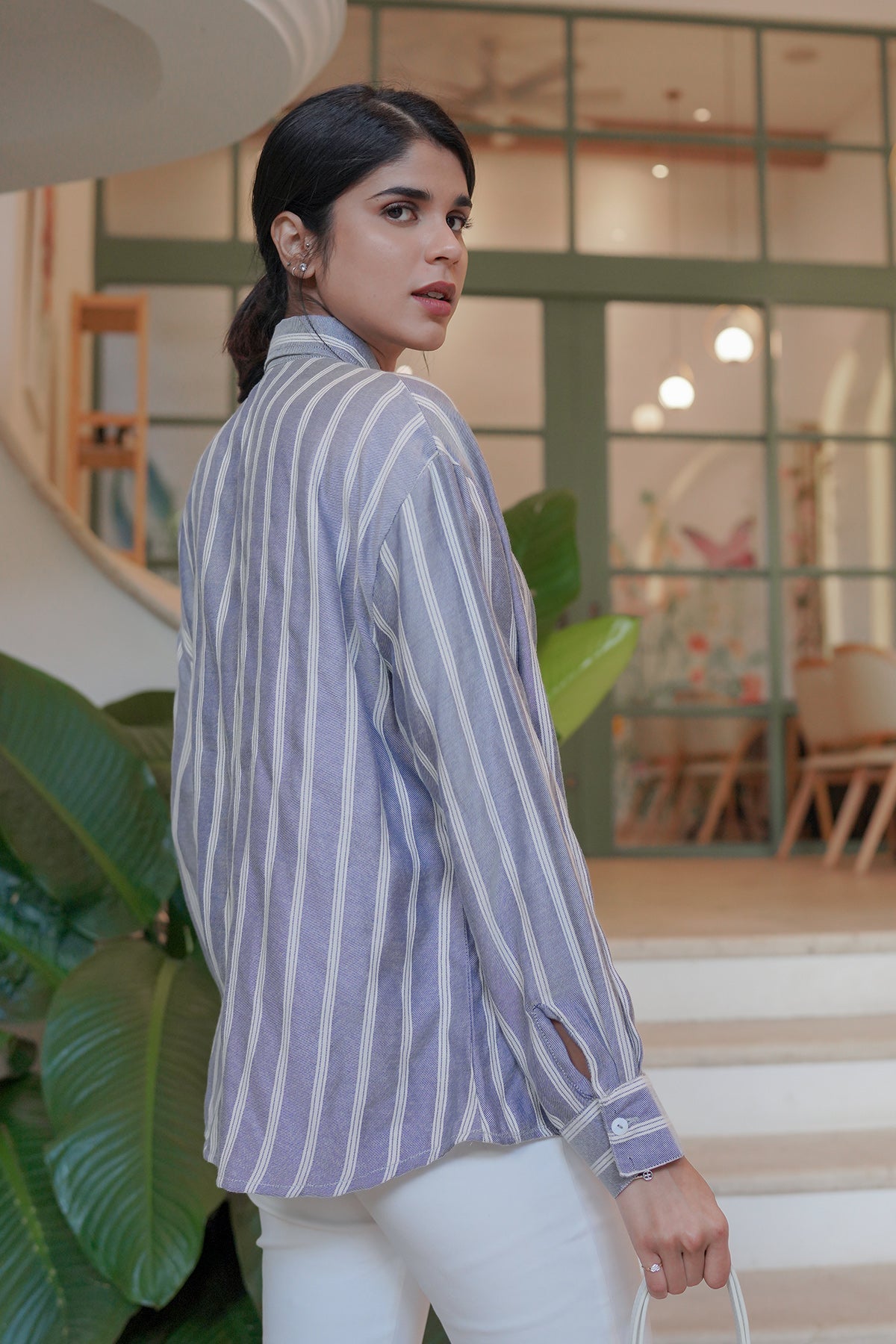 Polly Tied Blouse - Navy Stripes