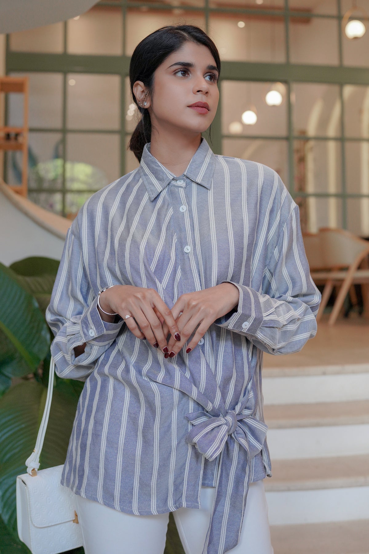 Polly Tied Blouse - Navy Stripes