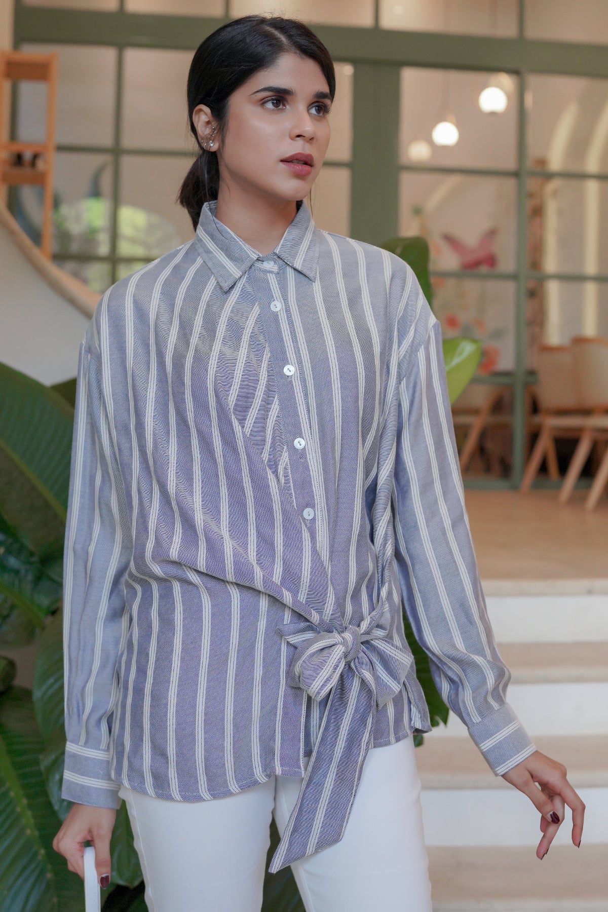 Polly Tied Blouse - Navy Stripes