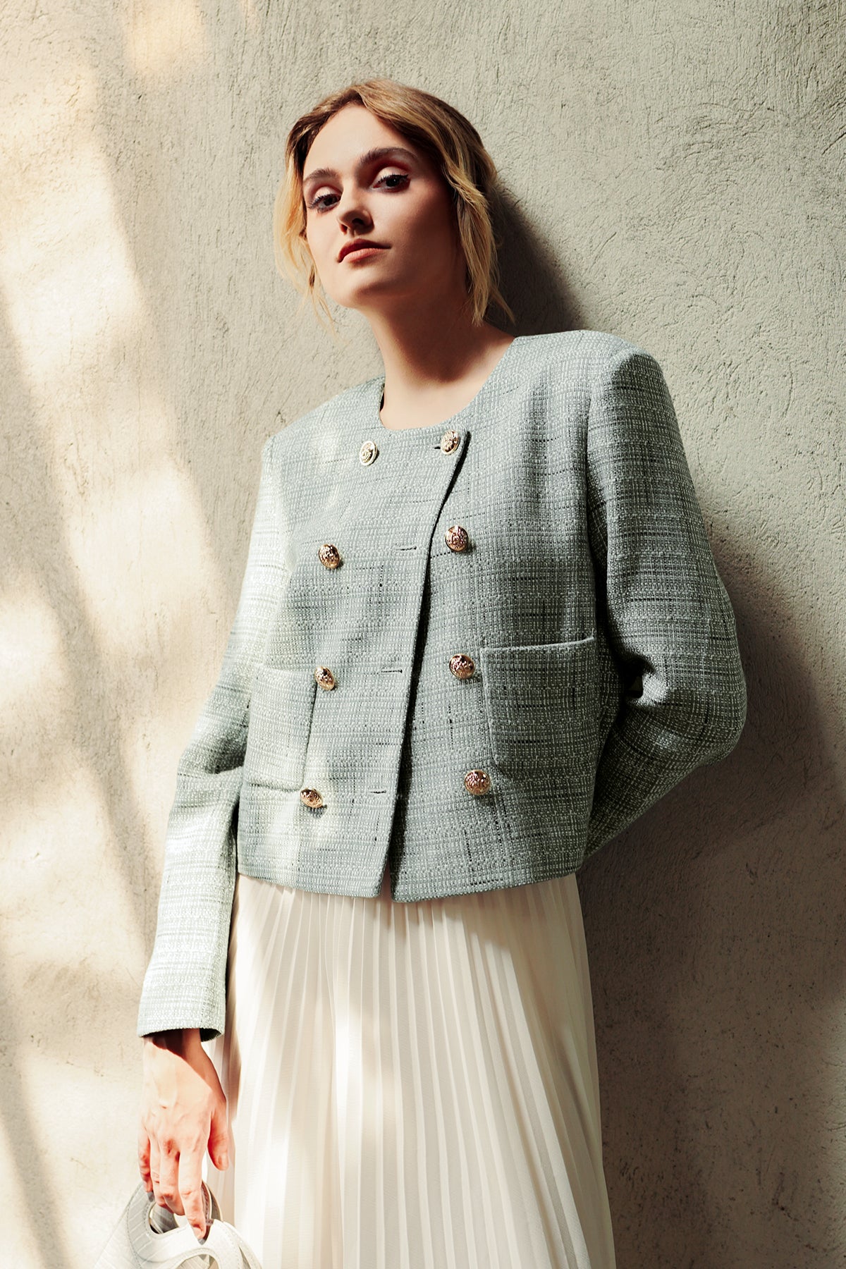 Tweed Crop Blazer - Aqua