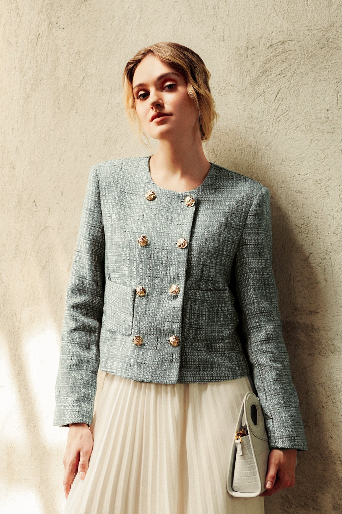 Tweed Crop Blazer - Aqua