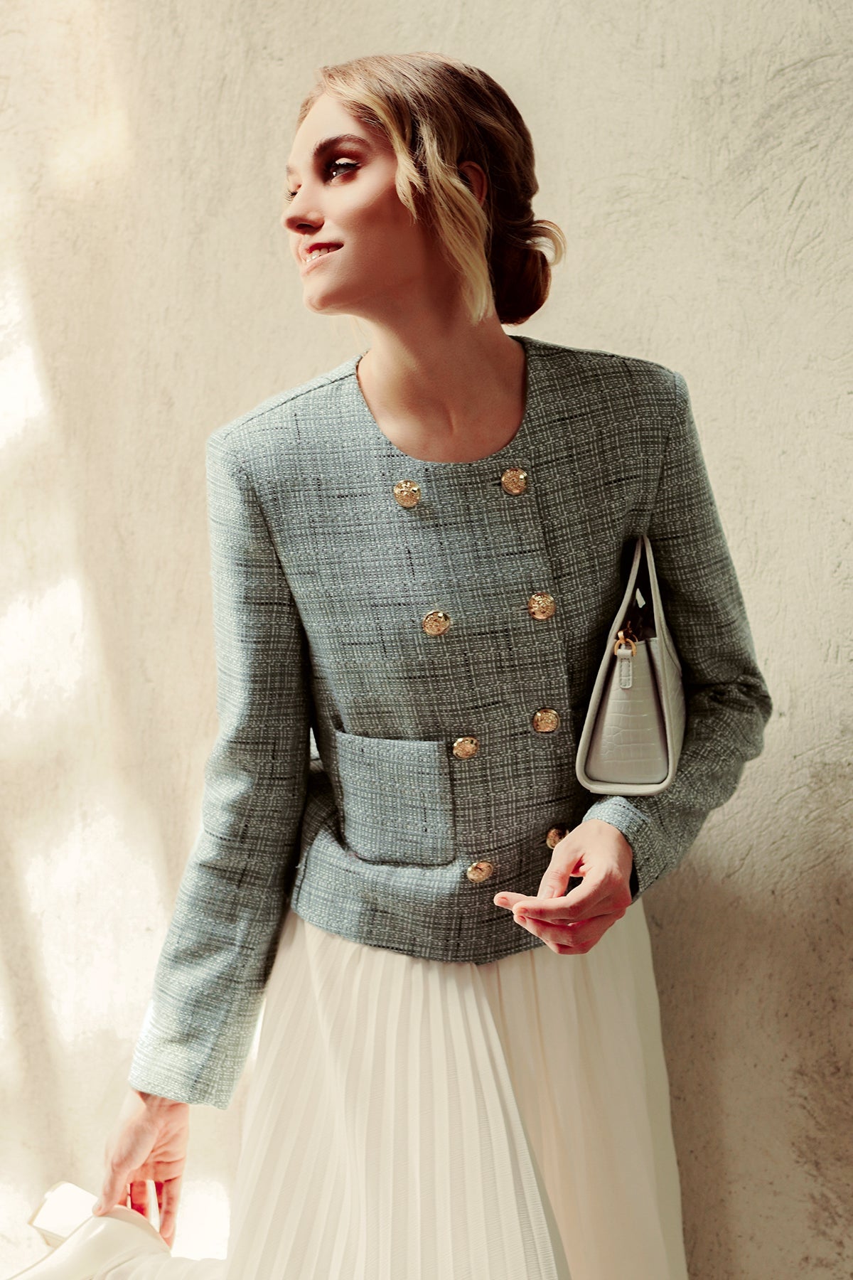 Tweed Crop Blazer - Aqua