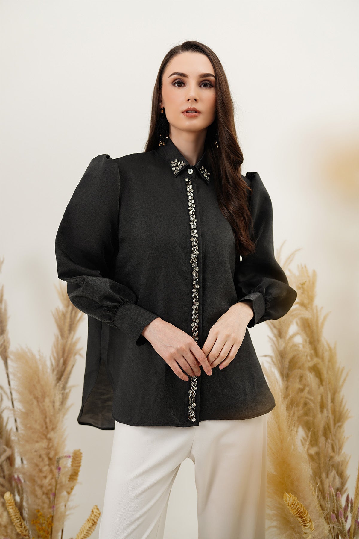 Velvet Shirt with Beads - Dark Grey