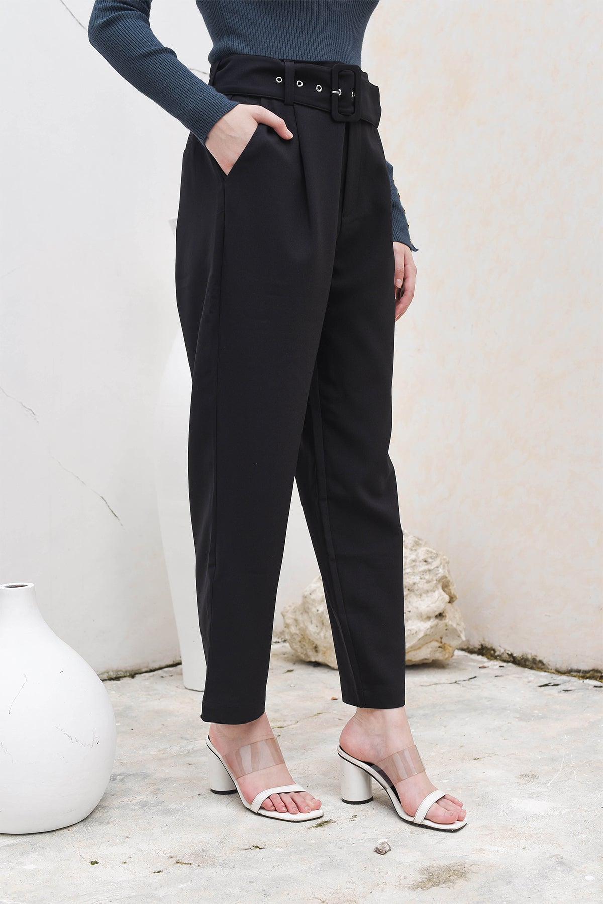 Black Belted Peg Pants