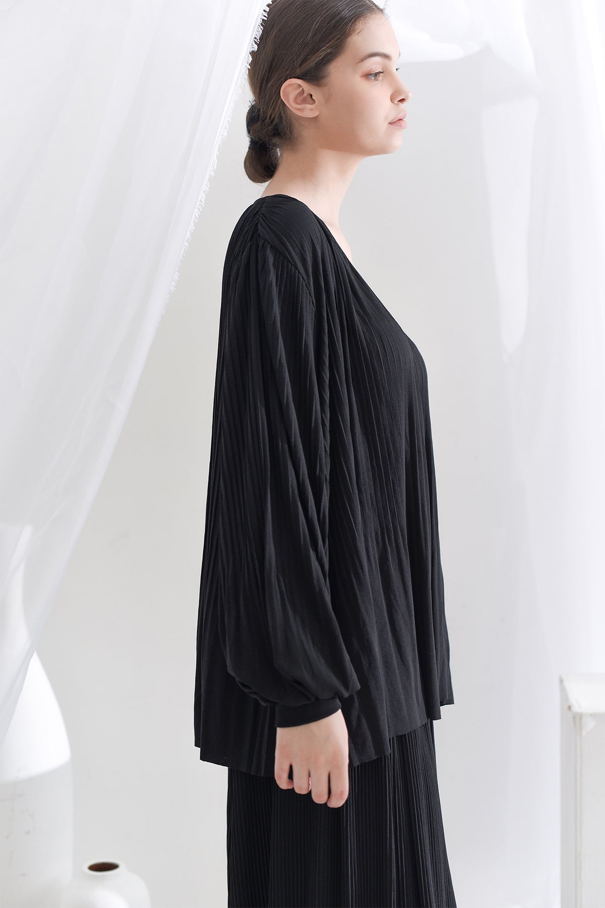 Black Pleats Me Flowy Blouse