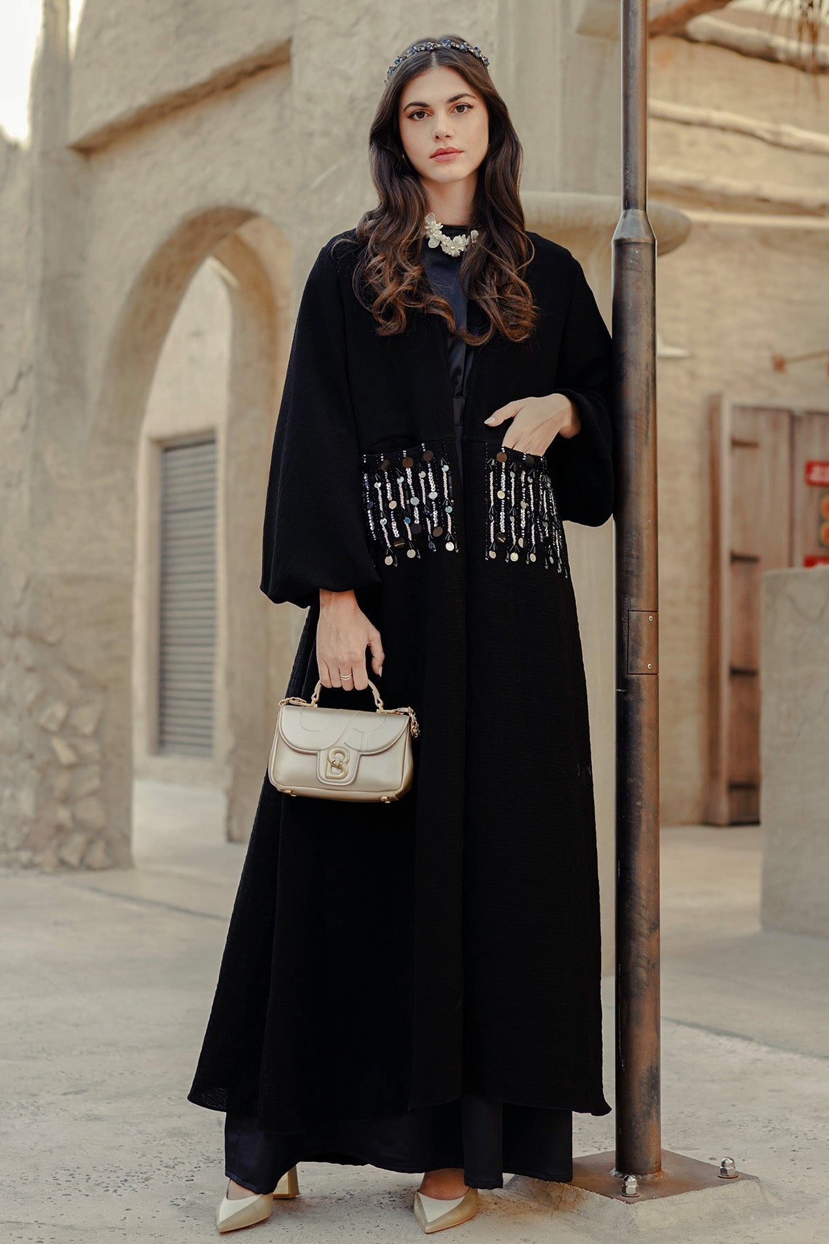 Jameela Beaded Pocket Abaya - Black