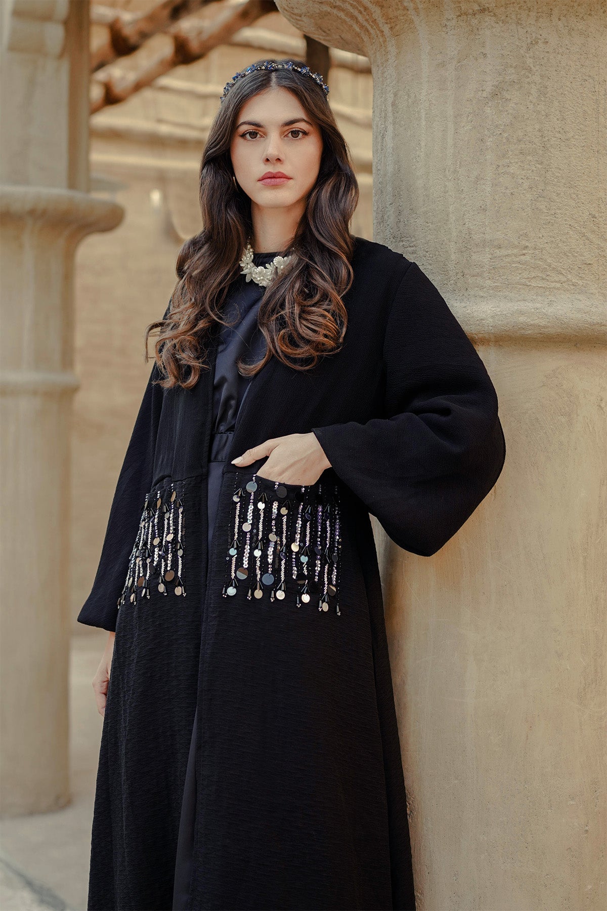 Jameela Beaded Pocket Abaya - Black