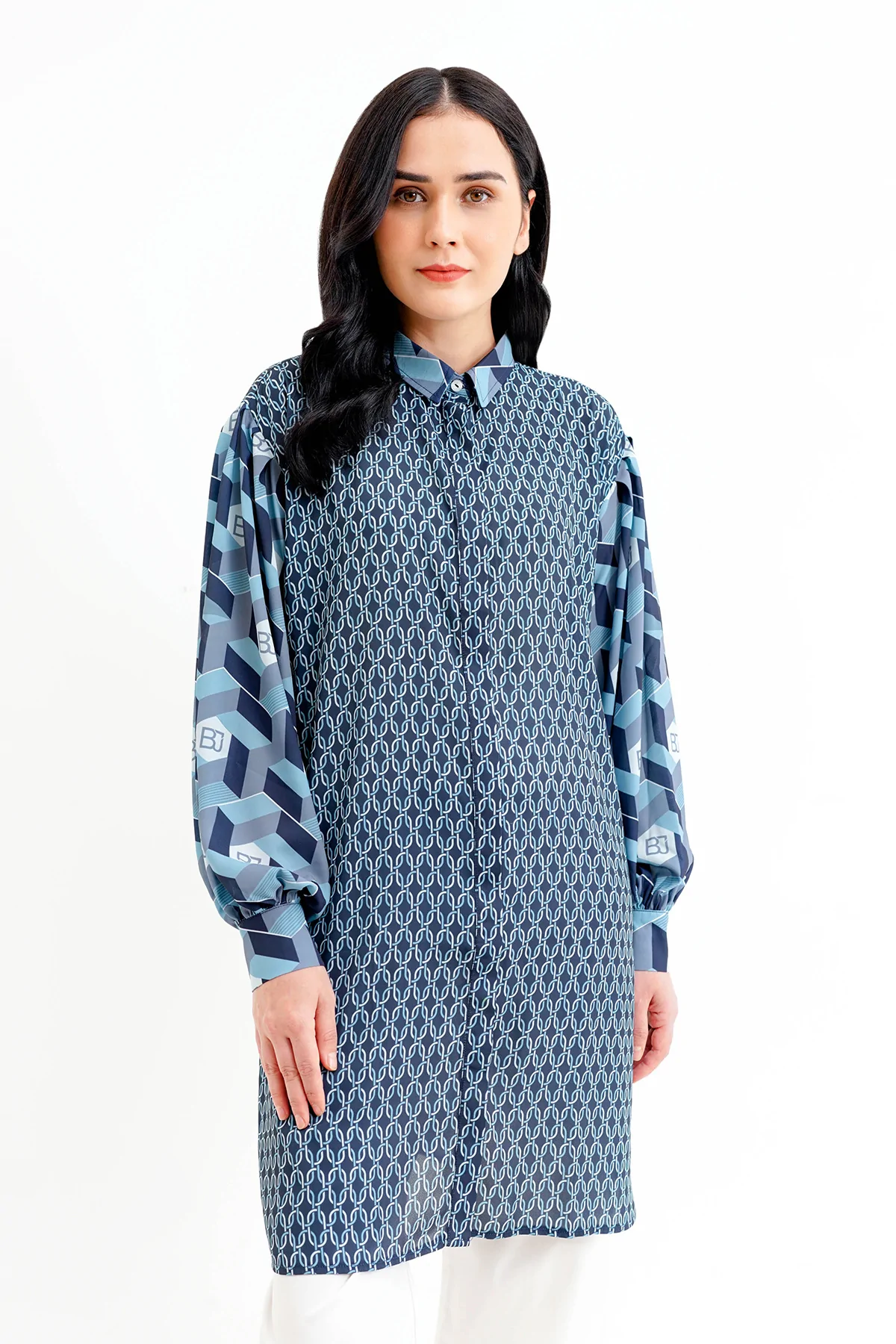 Arnia Mix Fabric Long Shirt - Blue