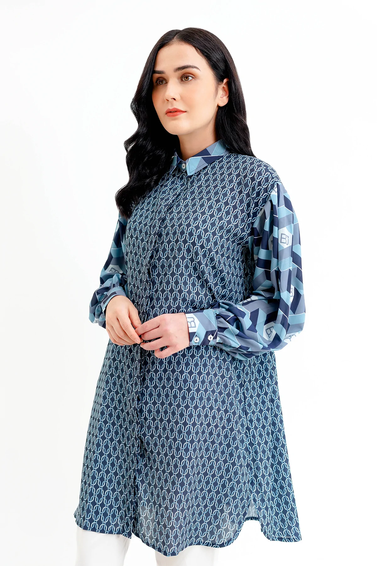 Arnia Mix Fabric Long Shirt - Blue