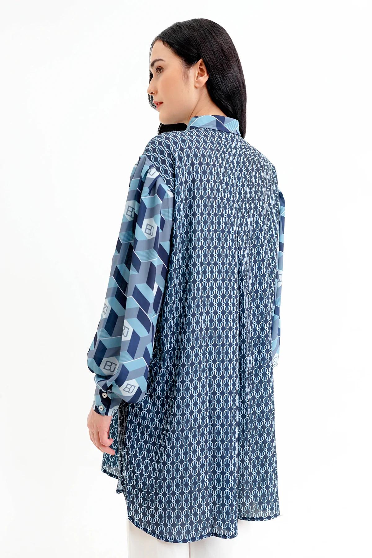 Arnia Mix Fabric Long Shirt - Blue