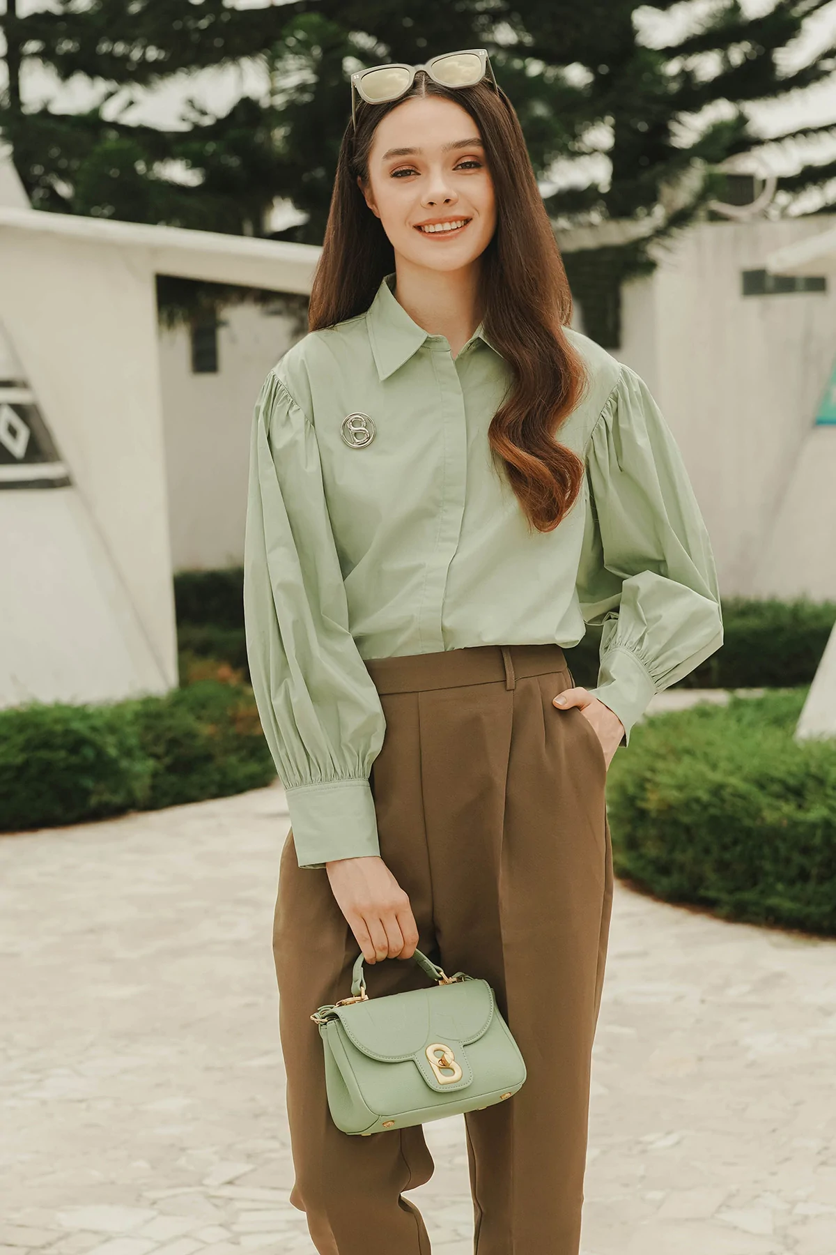 Amanda Shirt with Puff Sleeve - Sage