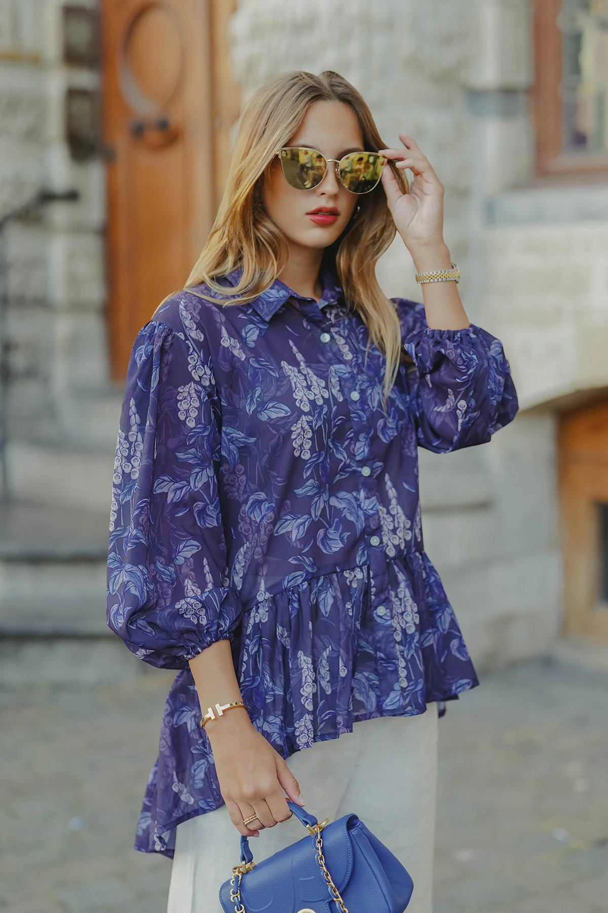 Sweet Pea Peplum Shirt - Navy