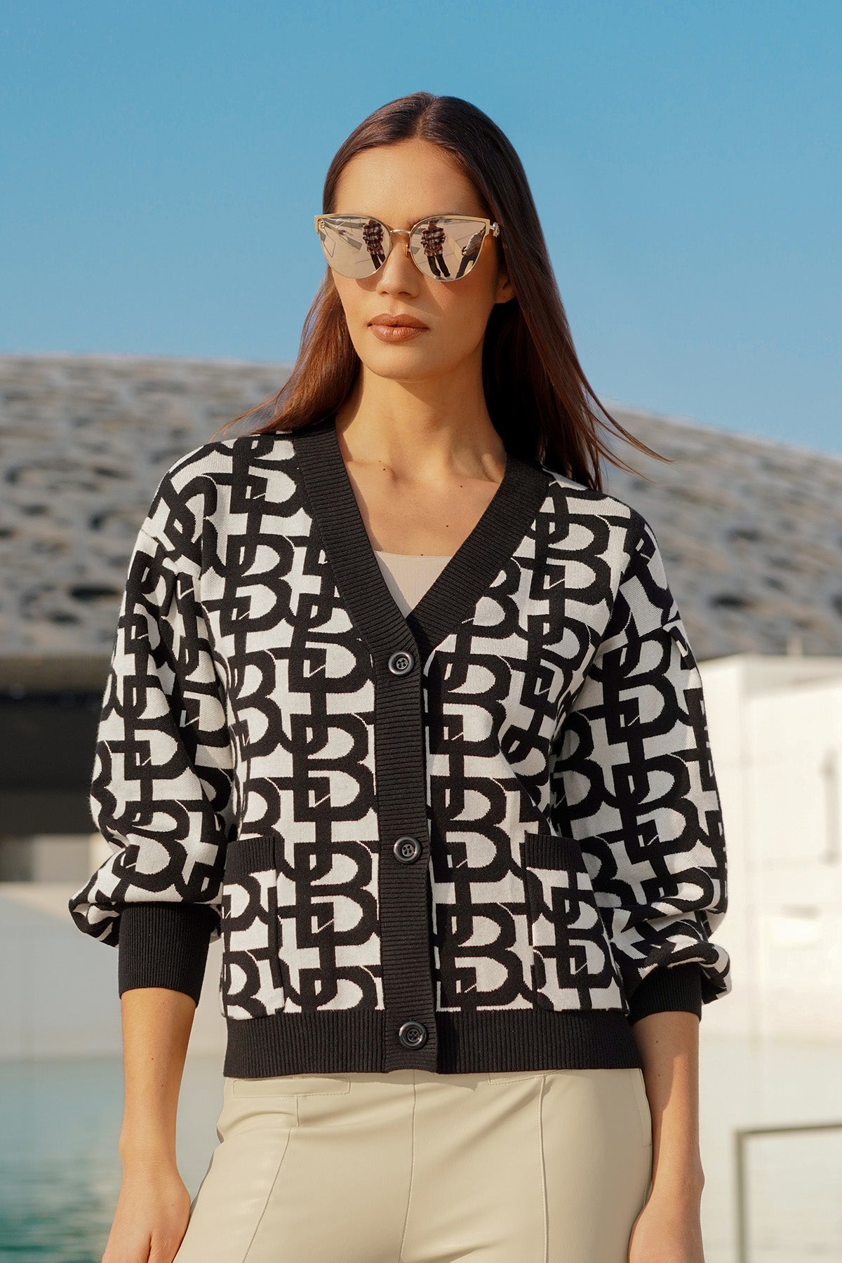 Monogram Bell Sleeve Buttoned Crop Cardigan - Oreo