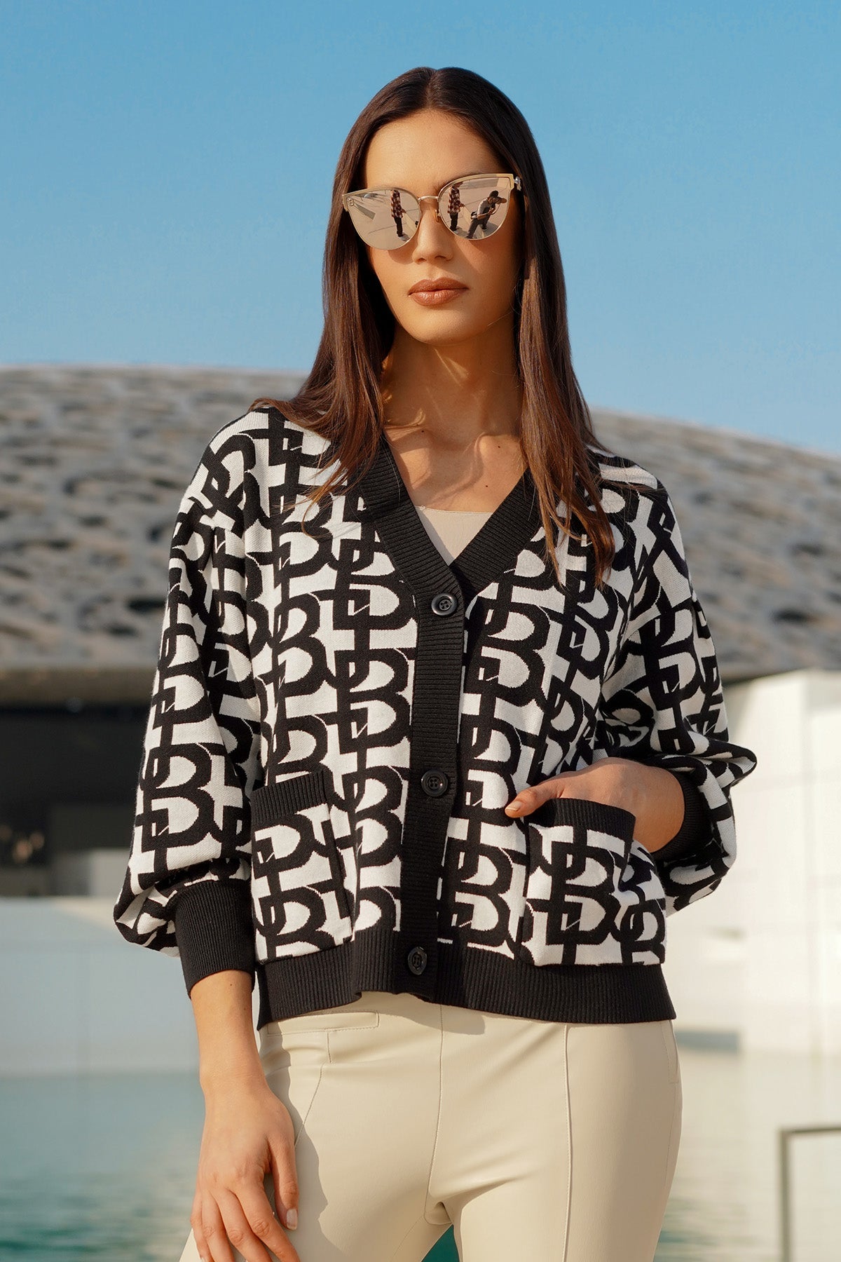 Monogram Bell Sleeve Buttoned Crop Cardigan - Oreo