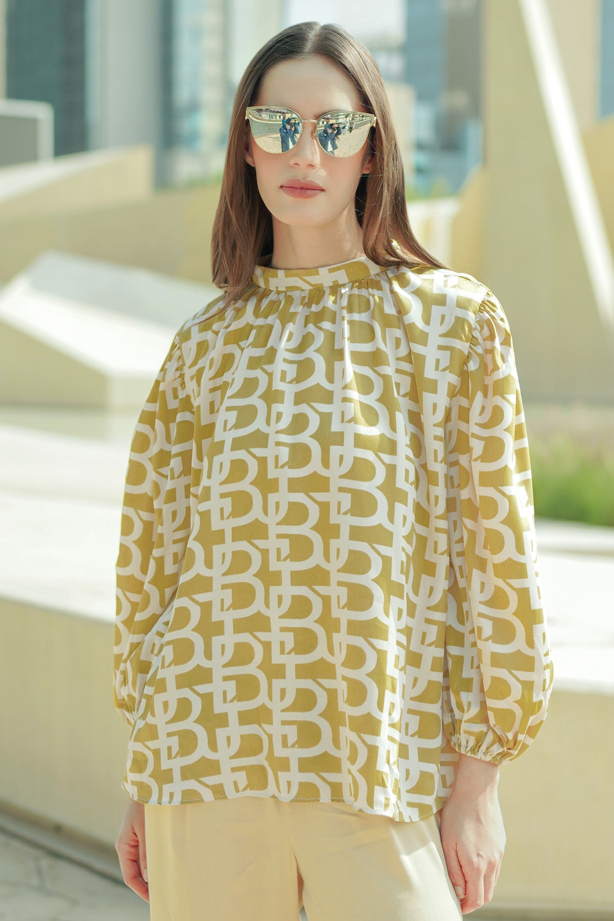 Monogram Gathered Blouse - Mustard