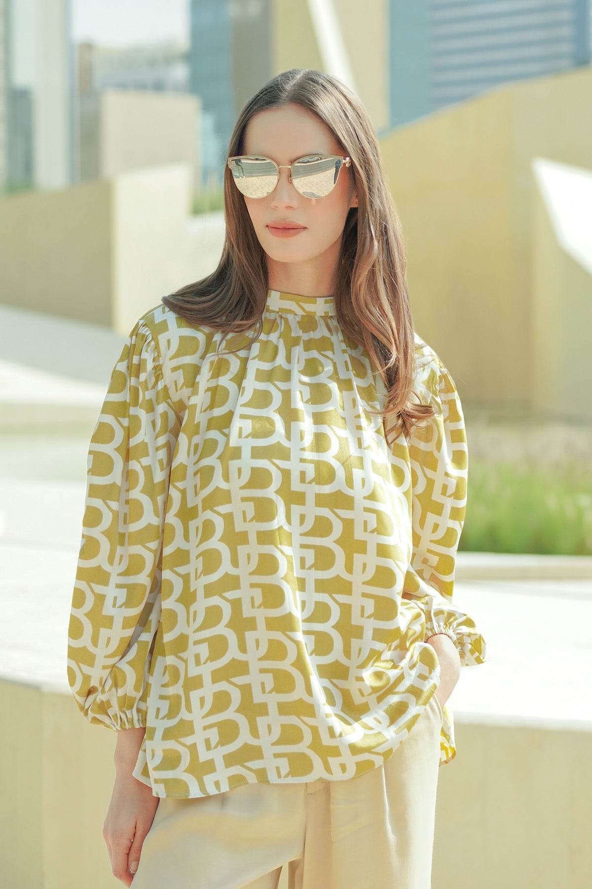 Monogram Gathered Blouse - Mustard