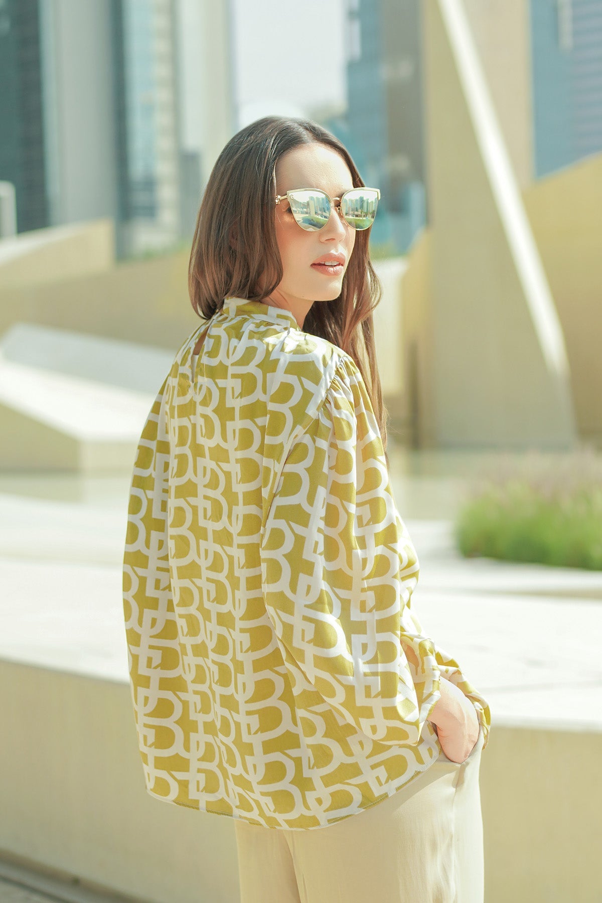 Monogram Gathered Blouse - Mustard