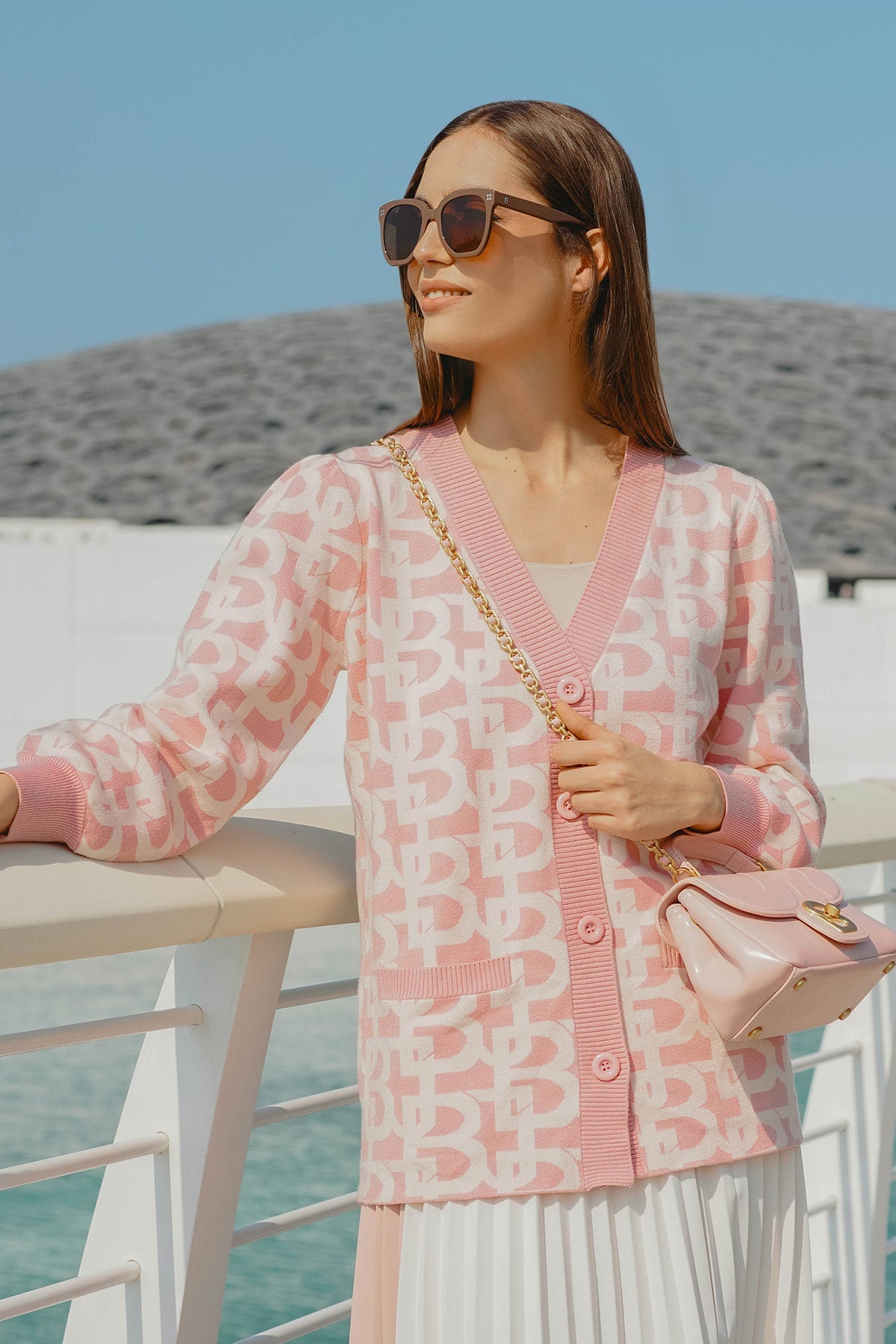 Monogram Puffy Sleeve Buttoned Long Cardigan - Blush